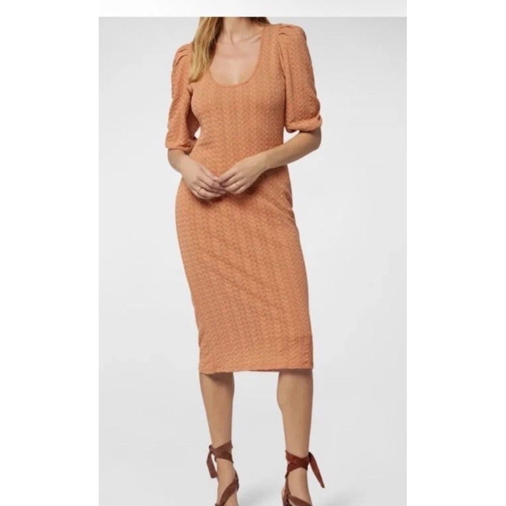 Joie Mia Tan Sandstorm Knit Lined Puff Sleeve Midi Dress Size‎ Large